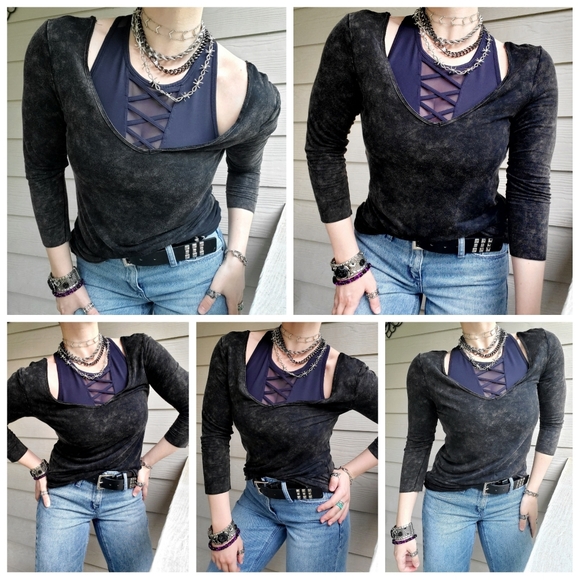 POL 3/4-sleeve Black Acid Wash Long Slinky Flowy Distressed V-neck Tunic - Picture 3 of 16